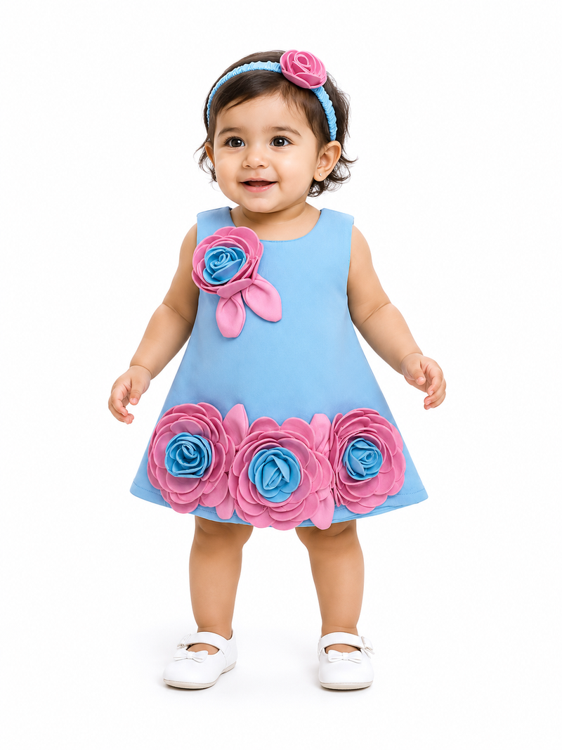 Baby Girls Floral Accent Blue A-Line Dress