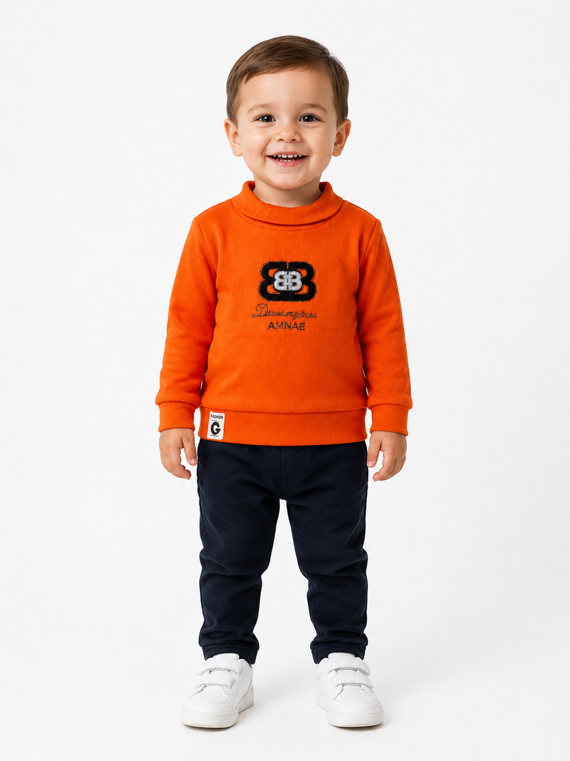 Boys' Orange Crewneck Long-Sleeve Party Wear Sweatshirt