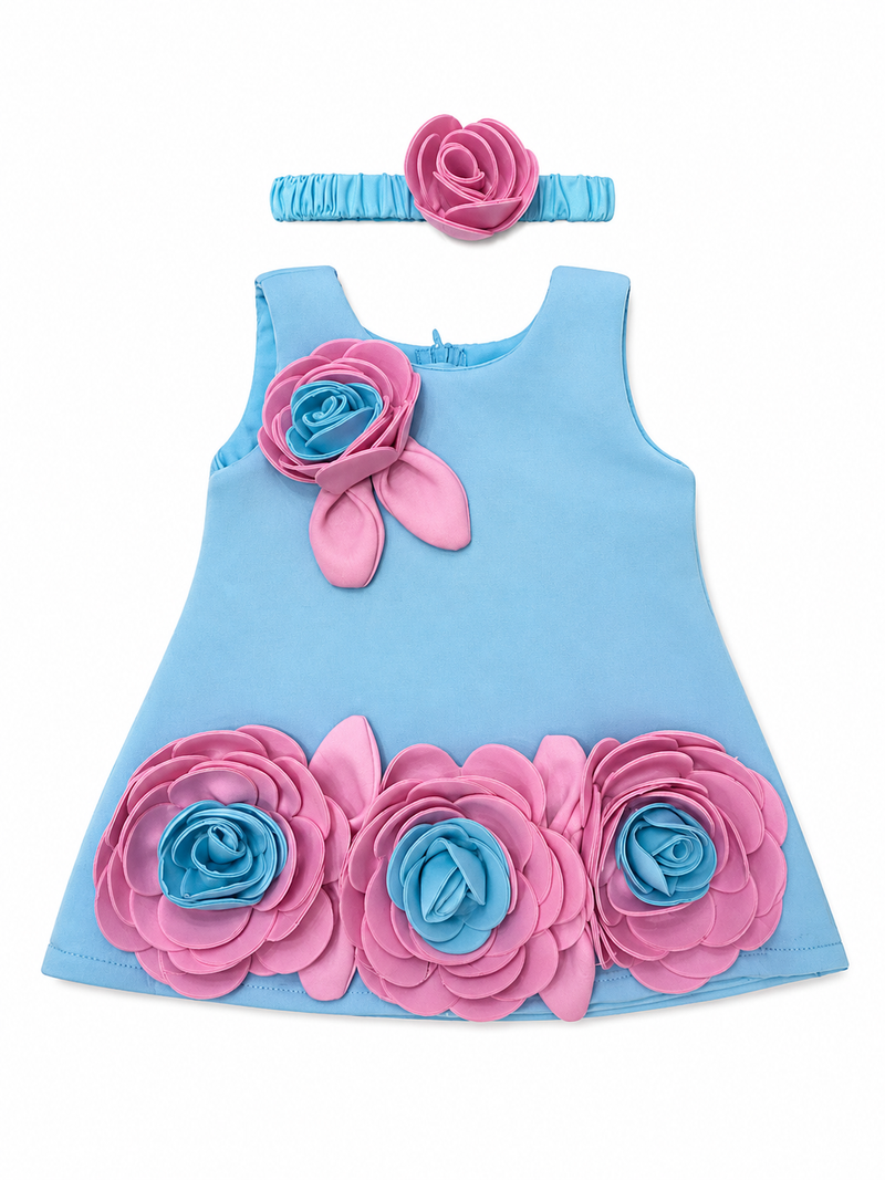 Baby Girls Floral Accent Blue A-Line Dress