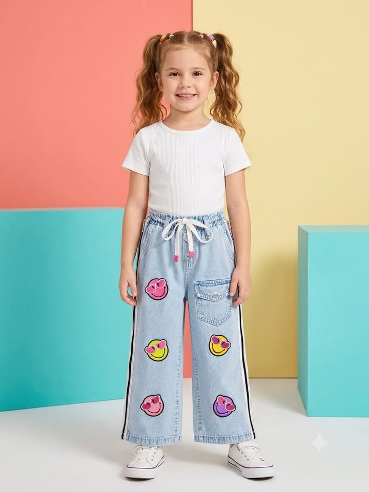 Girls Light Wash Denim Wide Leg Jeans with Smiley Print