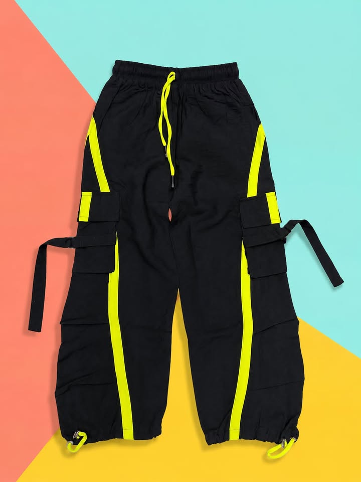 Kids Unisex Black Cargo Jogger Pants with Neon Side Stripes