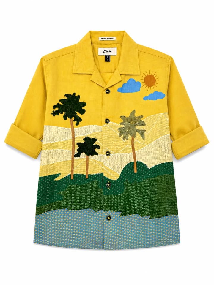Boys Yellow Palm Tree Printed Full Sleeve Shirt