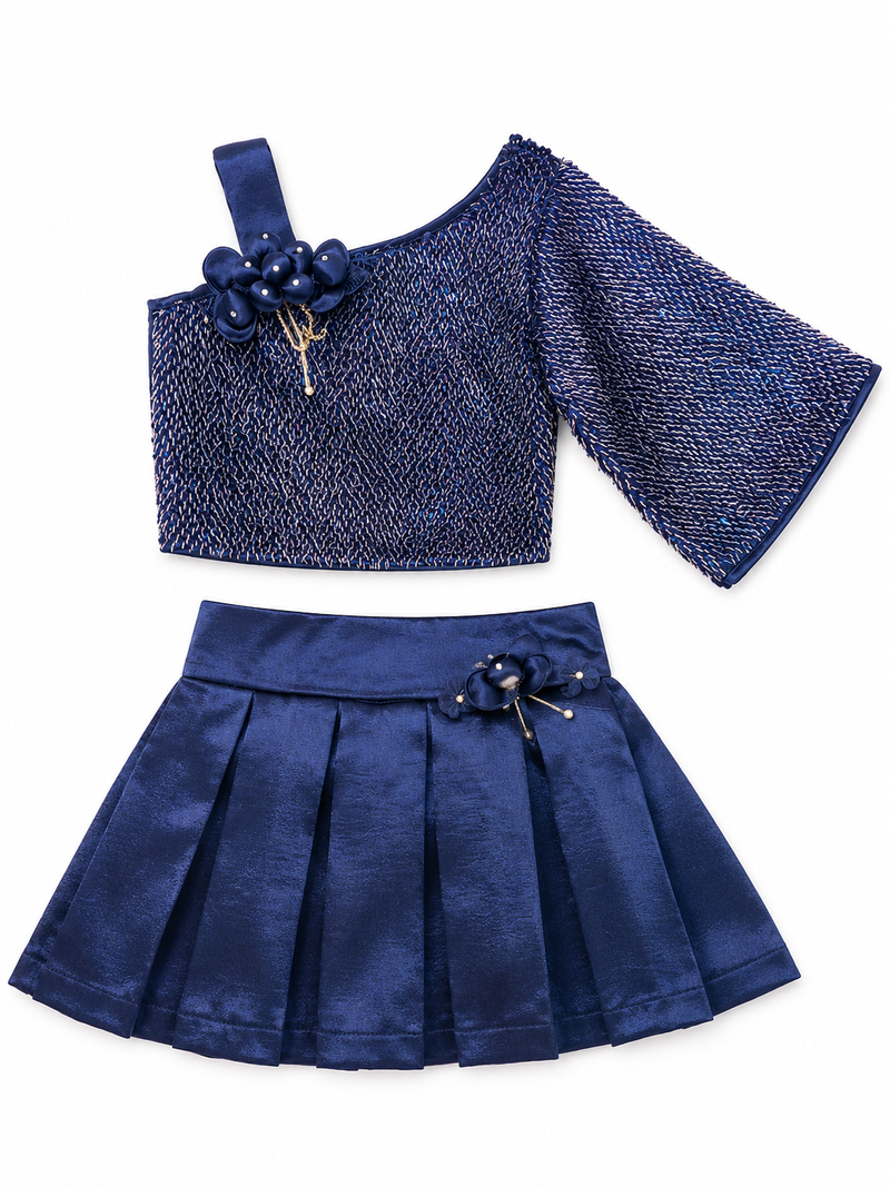 Girls Two-Piece Top and Skirt Set - Navy Blue