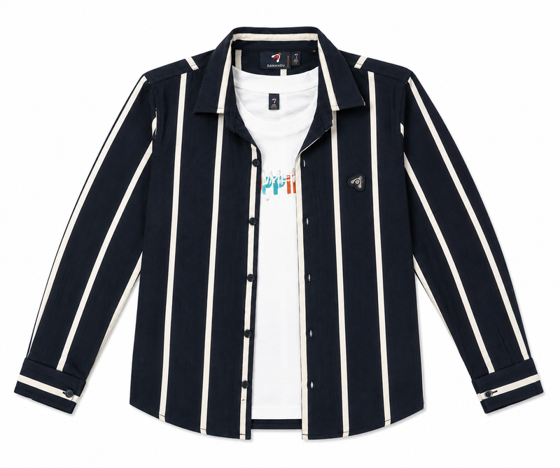 Boys Black & White Vertical Striped Long Sleeve Shirt