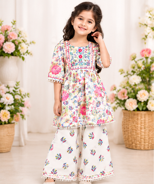 Girls Floral Printed Kurta Sharara Set | 3/4 Sleeve Ethnic Top with Matching Wide Leg Pants | Colourful Traditional Festive Wear for Kids