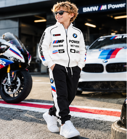 Boys White and Black Printed Co-Ord Set | Full Sleeve Zip-Up Jacket with Matching Jogger Pants | Sporty Casual Outfit for Kids