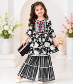 Girls Black and White Sharara Set | Floral Print Kurti with Striped Sharara Pants and Matching Dupatta | 3-Piece Ethnic Wear for Festivals and Parties]