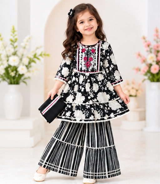 Girls Black and White Sharara Set | Floral Print Kurti with Striped Sharara Pants and Matching Dupatta | 3-Piece Ethnic Wear for Festivals and Parties]