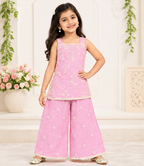 Girls Pink Sharara Set | Sleeveless Floral Printed Kurti with Matching Wide Leg Pants | Lace Trim Ethnic Wear for Kids | Festive and Party Outfit