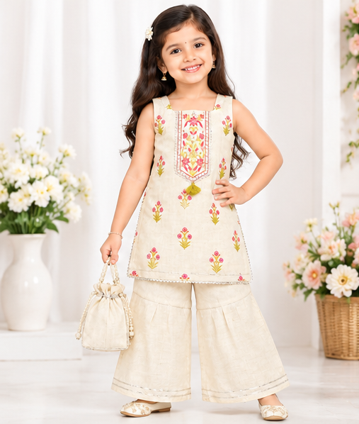 Girls Cream Sharara Set | Sleeveless Floral Printed Kurti with Wide Leg Sharara Pants | 2-Piece Traditional Ethnic Wear for Festivals and Parties