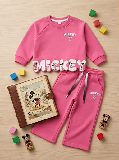 Girls Mickey Mouse Printed Co-Ord Set | Full Sleeve Sweatshirt and Wide Leg Pants | 2-Piece Casual Tracksuit for Girls | Comfortable Everyday Wear