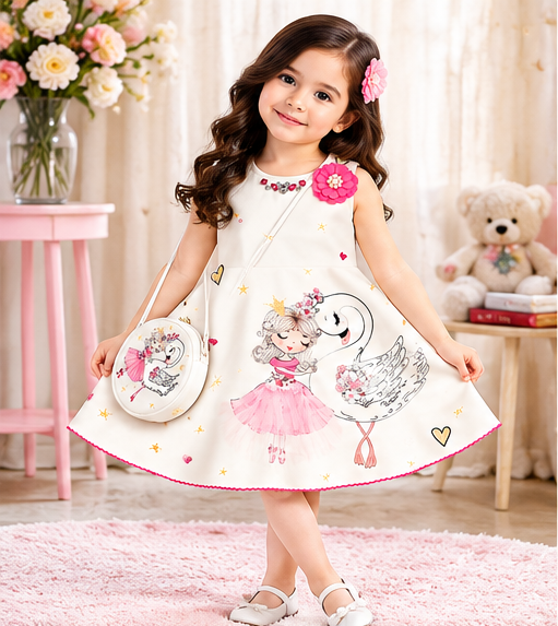 Girls White Printed Sleeveless Party Wear Frock with Ballerina & Swan Design, 3D Pink Floral Embellishment and Matching Sling Bag – Designer Dress Set