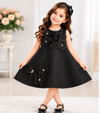 Girls Black Sleeveless Party Wear Frock with 3D Floral Appliqué, Pearl Embellishments and Flared A-Line Design – Designer Birthday Dress