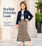 Girls Navy Blue Jacket with White Printed T-Shirt and Leopard Print Maxi Skirt – Stylish 3-Piece Designer Co-Ord Set