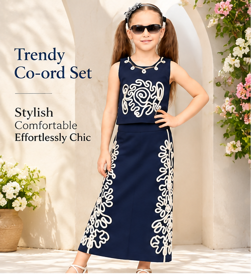 Girls Navy Blue Floral 3D Embellished Jacket with White Printed T-Shirt and Mini Skirt – Stylish 3-Piece Designer Party Wear Set