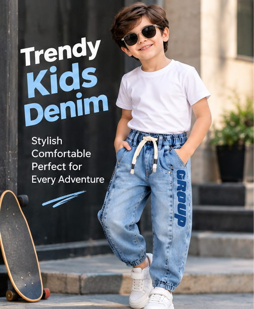 Boys Light Blue Printed Jogger Jeans with Elasticated Waist, Drawstring and White Round Neck T-Shirt – Stylish Casual Wear Set