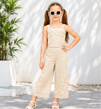 Girls Beige Embroidered Co-Ord Set with Sleeveless Top and Wide Leg Pants – Stylish Designer 2-Piece Party Wear Outfit