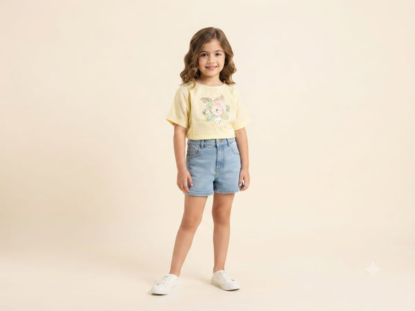 Pastel Yellow Floral Embellished Girls Top