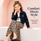 Girls Navy Blue Jacket with White Printed T-Shirt and Leopard Print Maxi Skirt – Stylish 3-Piece Designer Co-Ord Set