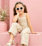 Girls Beige Embroidered Co-Ord Set with Sleeveless Top and Wide Leg Pants – Stylish Designer 2-Piece Party Wear Outfit