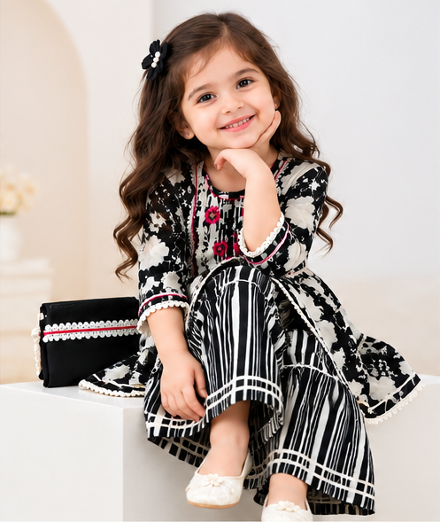 Girls Black and White Sharara Set | Floral Print Kurti with Striped Sharara Pants and Matching Dupatta | 3-Piece Ethnic Wear for Festivals and Parties]