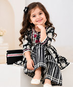 Girls Black and White Sharara Set | Floral Print Kurti with Striped Sharara Pants and Matching Dupatta | 3-Piece Ethnic Wear for Festivals and Parties]