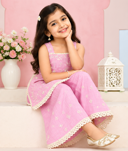 Girls Pink Sharara Set | Sleeveless Floral Printed Kurti with Matching Wide Leg Pants | Lace Trim Ethnic Wear for Kids | Festive and Party Outfit