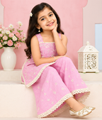 Girls Pink Sharara Set | Sleeveless Floral Printed Kurti with Matching Wide Leg Pants | Lace Trim Ethnic Wear for Kids | Festive and Party Outfit
