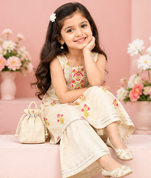 Girls Cream Sharara Set | Sleeveless Floral Printed Kurti with Wide Leg Sharara Pants | 2-Piece Traditional Ethnic Wear for Festivals and Parties