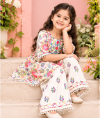 Girls Floral Printed Kurta Sharara Set | 3/4 Sleeve Ethnic Top with Matching Wide Leg Pants | Colourful Traditional Festive Wear for Kids