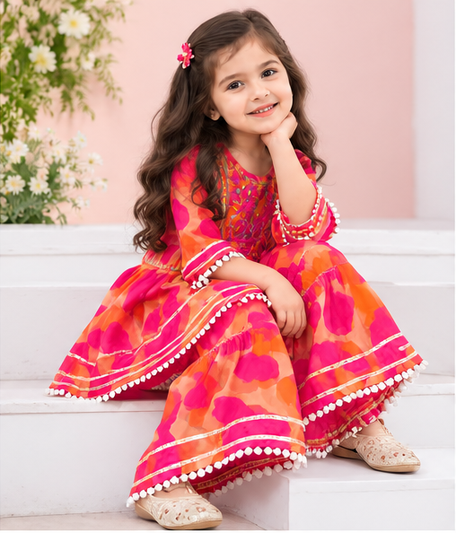 Girls Pink Orange Sharara Set | Floral Printed Kurta with Matching Sharara Pants and Dupatta | 3-Piece Traditional Ethnic Wear for Kids