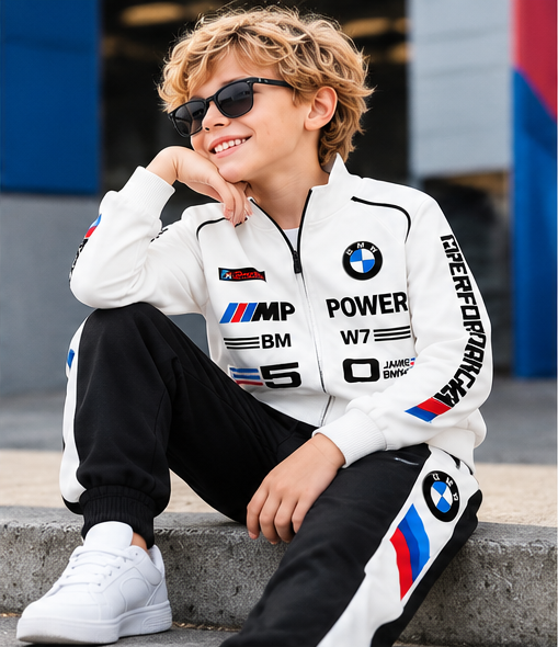 Boys White and Black Printed Co-Ord Set | Full Sleeve Zip-Up Jacket with Matching Jogger Pants | Sporty Casual Outfit for Kids