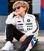 Boys White and Black Printed Co-Ord Set | Full Sleeve Zip-Up Jacket with Matching Jogger Pants | Sporty Casual Outfit for Kids