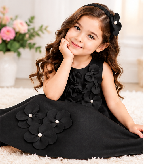 Girls Black Sleeveless Party Wear Frock with 3D Floral Appliqué, Pearl Embellishments and Flared A-Line Design – Designer Birthday Dress