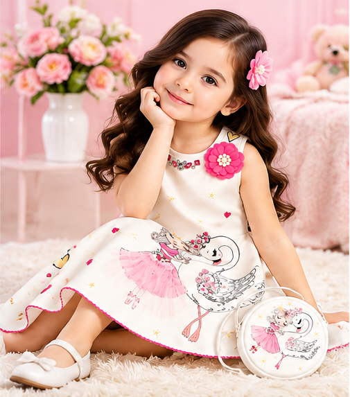 Girls White Printed Sleeveless Party Wear Frock with Ballerina & Swan Design, 3D Pink Floral Embellishment and Matching Sling Bag – Designer Dress Set