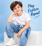 Boys Light Blue Printed Jogger Jeans with Elasticated Waist, Drawstring and White Round Neck T-Shirt – Stylish Casual Wear Set