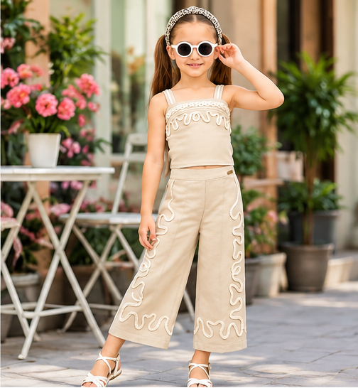 Girls Beige Embroidered Co-Ord Set with Sleeveless Top and Wide Leg Pants – Stylish Designer 2-Piece Party Wear Outfit