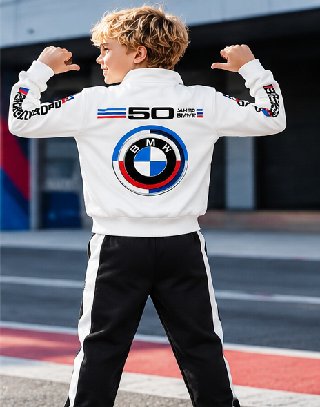 Boys White and Black Printed Co-Ord Set | Full Sleeve Zip-Up Jacket with Matching Jogger Pants | Sporty Casual Outfit for Kids