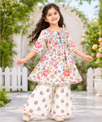 Girls Floral Printed Kurta Sharara Set | 3/4 Sleeve Ethnic Top with Matching Wide Leg Pants | Colourful Traditional Festive Wear for Kids
