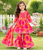 Girls Pink Orange Sharara Set | Floral Printed Kurta with Matching Sharara Pants and Dupatta | 3-Piece Traditional Ethnic Wear for Kids