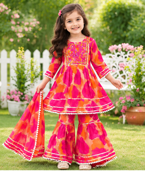 Girls Pink Orange Sharara Set | Floral Printed Kurta with Matching Sharara Pants and Dupatta | 3-Piece Traditional Ethnic Wear for Kids