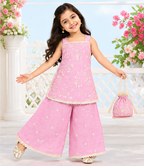 Girls Pink Sharara Set | Sleeveless Floral Printed Kurti with Matching Wide Leg Pants | Lace Trim Ethnic Wear for Kids | Festive and Party Outfit