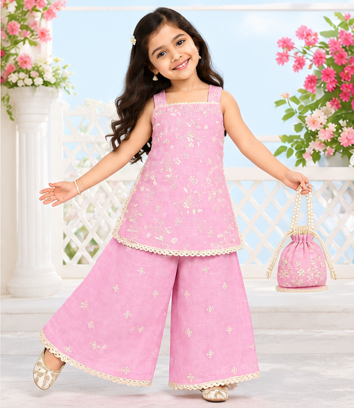 Girls Pink Sharara Set | Sleeveless Floral Printed Kurti with Matching Wide Leg Pants | Lace Trim Ethnic Wear for Kids | Festive and Party Outfit