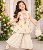 Girls Cream Sharara Set | Sleeveless Floral Printed Kurti with Wide Leg Sharara Pants | 2-Piece Traditional Ethnic Wear for Festivals and Parties