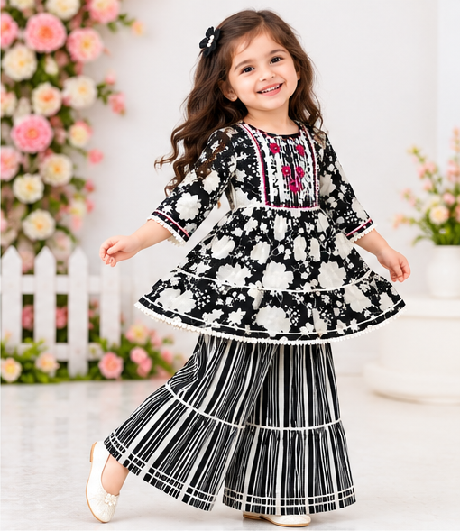 Girls Black and White Sharara Set | Floral Print Kurti with Striped Sharara Pants and Matching Dupatta | 3-Piece Ethnic Wear for Festivals and Parties]