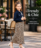 Girls Navy Blue Jacket with White Printed T-Shirt and Leopard Print Maxi Skirt – Stylish 3-Piece Designer Co-Ord Set