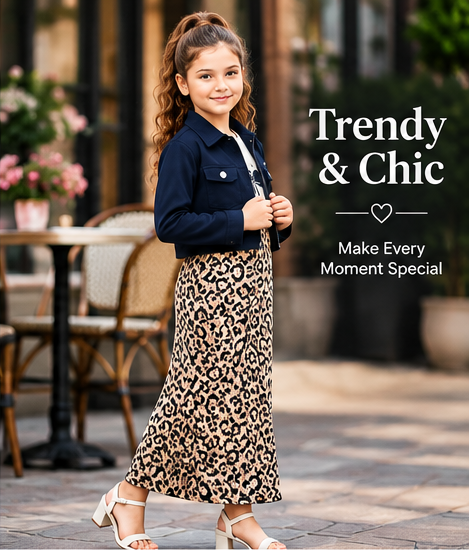 Girls Navy Blue Jacket with White Printed T-Shirt and Leopard Print Maxi Skirt – Stylish 3-Piece Designer Co-Ord Set