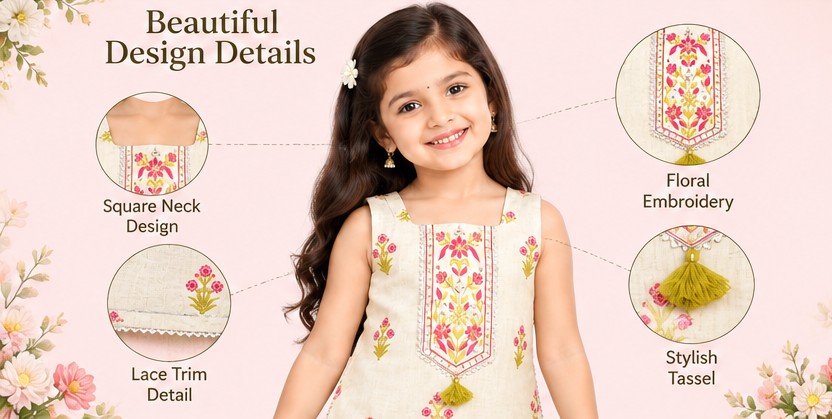 Girls Cream Sharara Set | Sleeveless Floral Printed Kurti with Wide Leg Sharara Pants | 2-Piece Traditional Ethnic Wear for Festivals and Parties