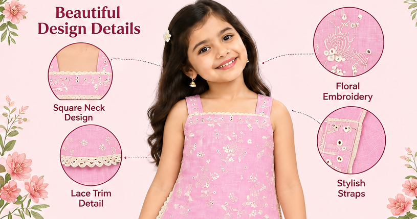 Girls Pink Sharara Set | Sleeveless Floral Printed Kurti with Matching Wide Leg Pants | Lace Trim Ethnic Wear for Kids | Festive and Party Outfit