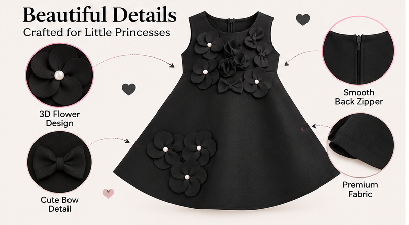 Girls Black Sleeveless Party Wear Frock with 3D Floral Appliqué, Pearl Embellishments and Flared A-Line Design – Designer Birthday Dress